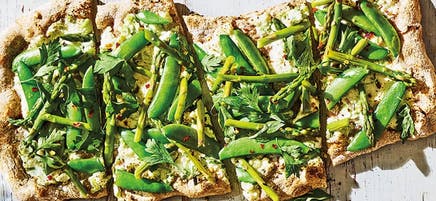 Asparagus, sugar snap & ricotta pizza