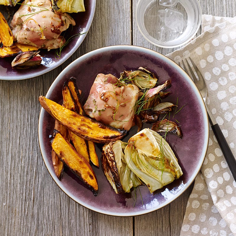 Photo of Lemon-Thyme Roast Chicken with Sweet Potatoes and Fennel by WW