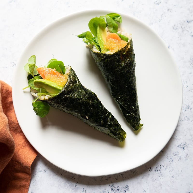 Arctic char and avocado hand rolls