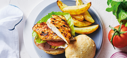 Rebecca's chicken burger with chips