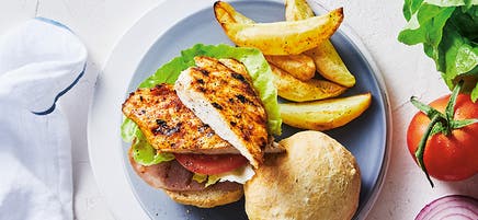 Rebecca's chicken burger with chips