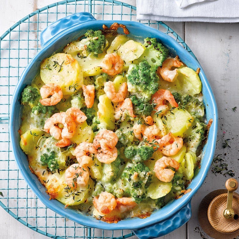 Kartoffel-Romanesco-Gratin mit Garnelen