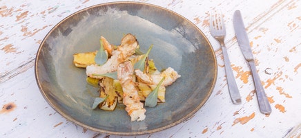 Langoustine met prei en gegrilde citroen