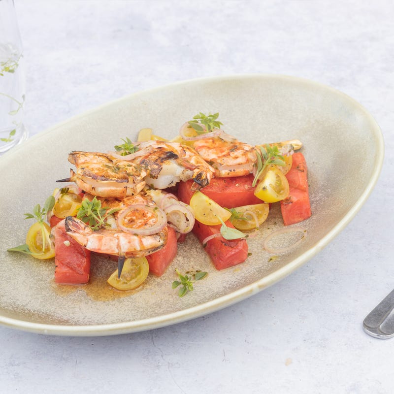 Foto van Gegrilde scampi’s met watermeloen en basilicum door WW