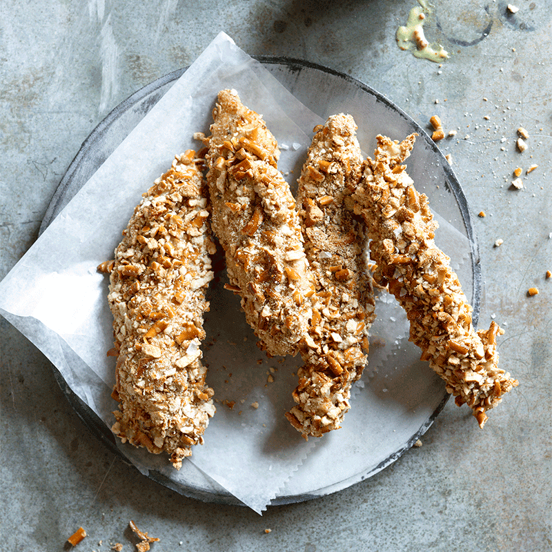 Pretzel-crusted chicken tenders with honey-mustard dip