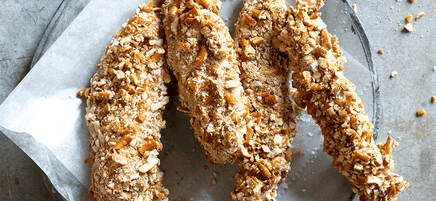 Pretzel-crusted chicken tenders with honey-mustard dip