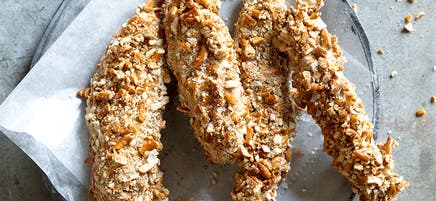 Pretzel-crusted chicken tenders with honey-mustard dip
