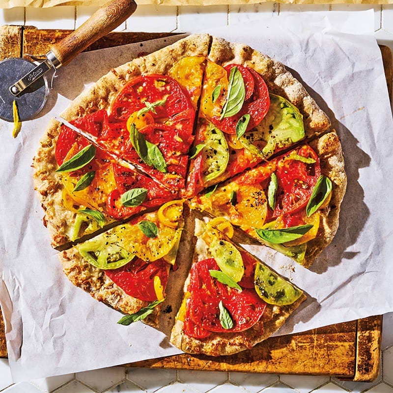Heirloom tomato and basil pizza