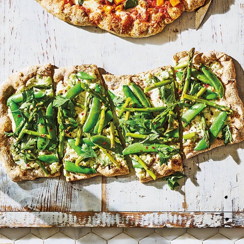 Asparagus, sugar snap and ricotta pizza