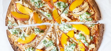 Rotisserie chicken and peach pizza