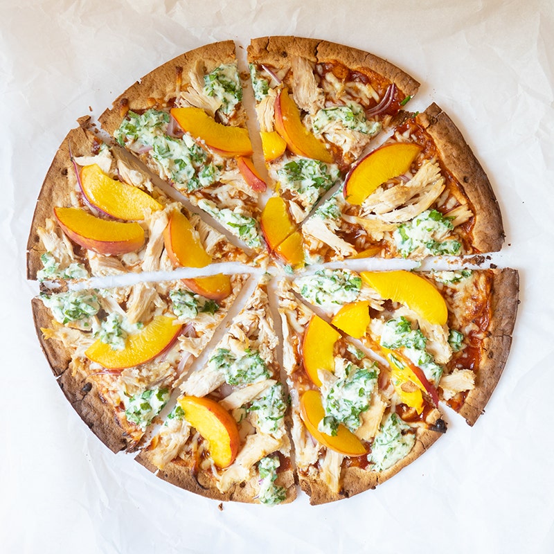 Rotisserie chicken and peach pizza