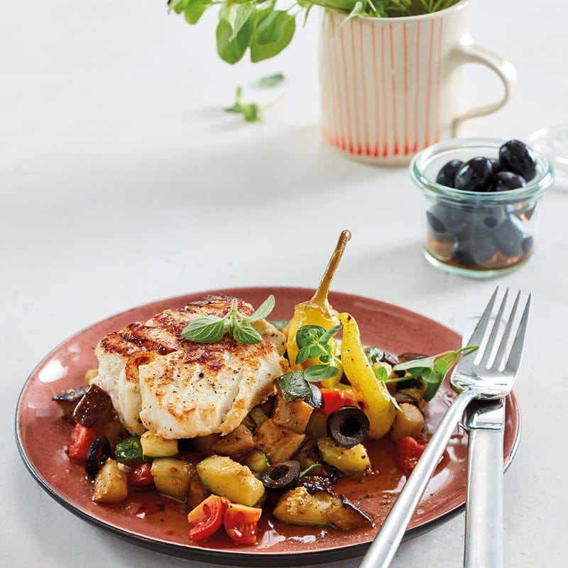 Kabeljau mit Joghurtmarinade und Gemüse