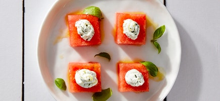 Watermelon-Goat Cheese Bites with Lime Dressing by Millie Peartree