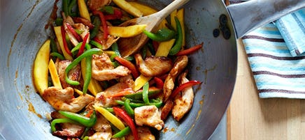 Stir-fried chili mango chicken with peppers