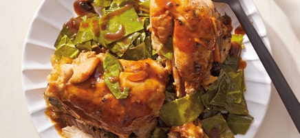 Braised chicken adobo with greens