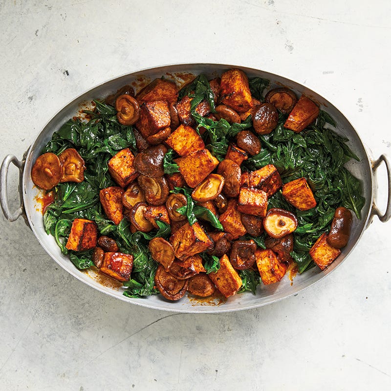 Roasted Gochujang Tofu & Mushrooms with Sesame Spinach