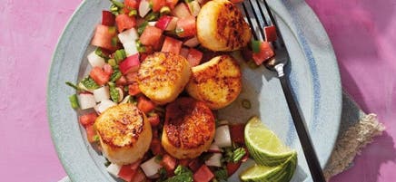 Scallops with radish & watermelon salsa