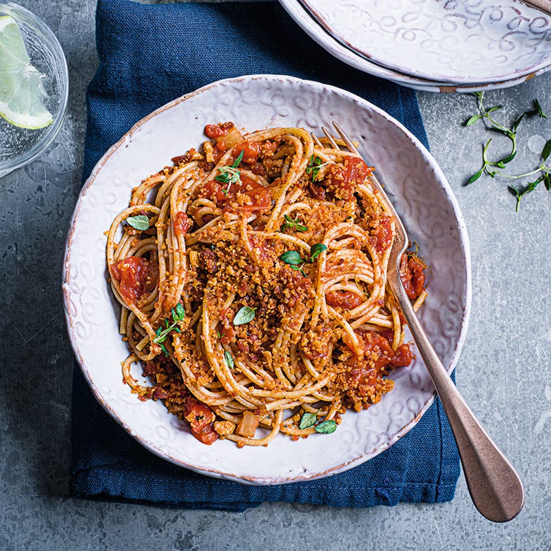 ViktVäktarna - Spaghetti med långkokt tomatsås och chorizosmulor