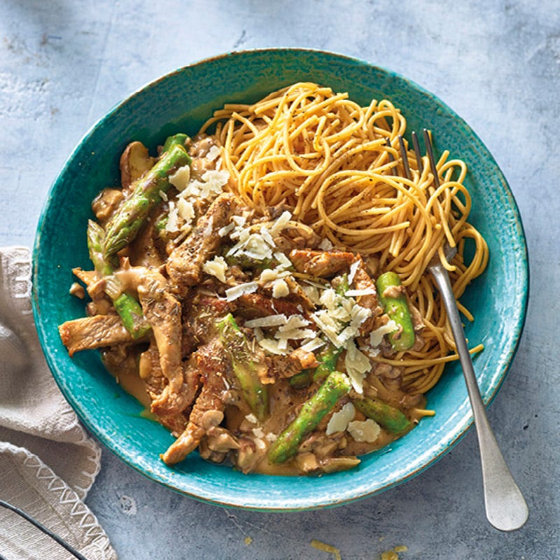 Kalbsgeschnetzeltes mit Spargel und Pilzen