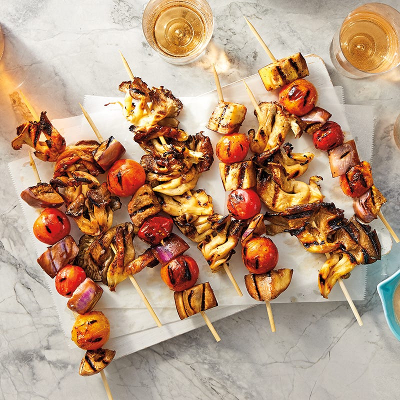Grilled Oyster Mushroom & Veggie Skewers with Lemon-Tahini Drizzle