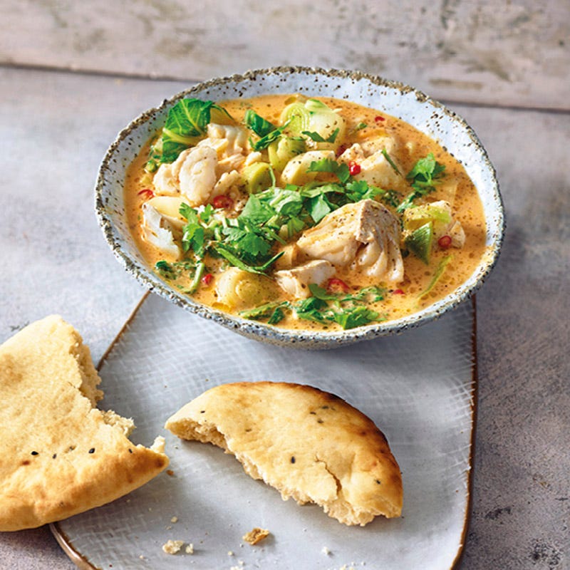 Fischcurry mit Naan-Brot