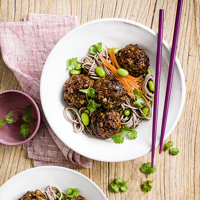 Teriyaki mushroom meatballs with soba noodles