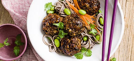 Teriyaki mushroom 'meatballs' with soba noodles
