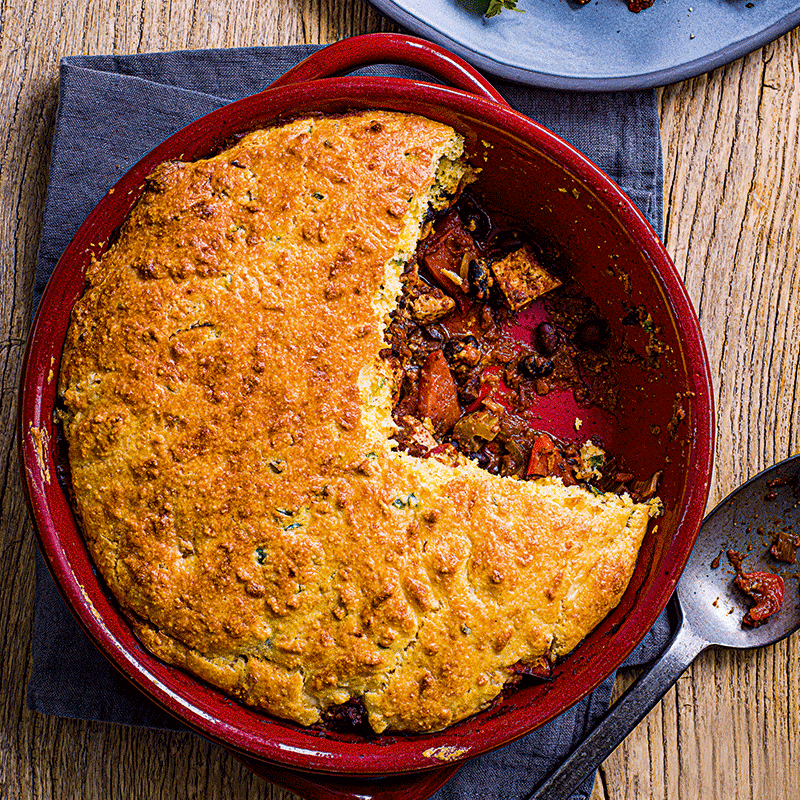 Smoky tofu chilli pie with cornbread topping