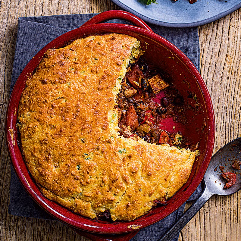 Smoky tofu chilli pie with cornbread topping