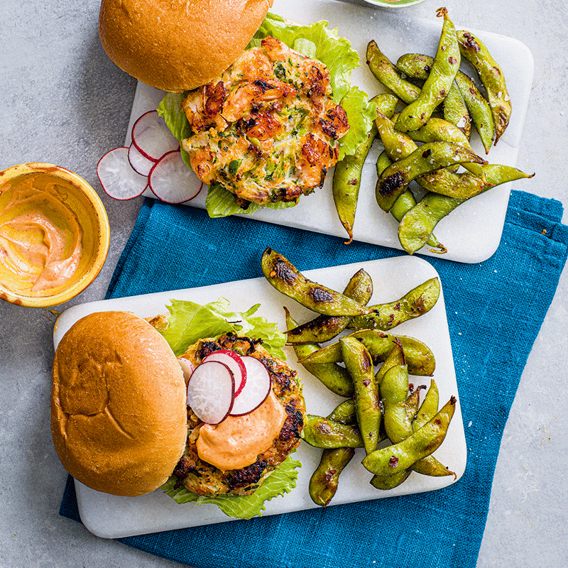 Prawn burgers with edamame pods