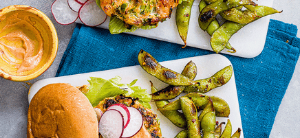 Prawn burgers with edamame pods