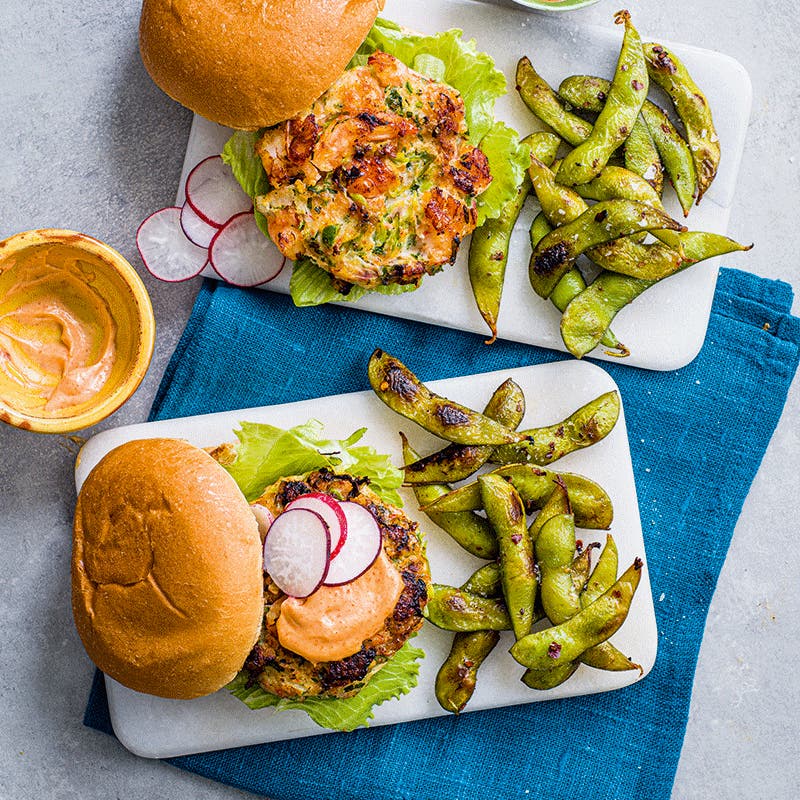 Prawn burgers with edamame pods