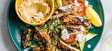 Kebab-shop hummus with sumac chicken and onion salad