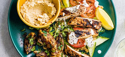 Kebab-shop hummus with sumac chicken and onion salad