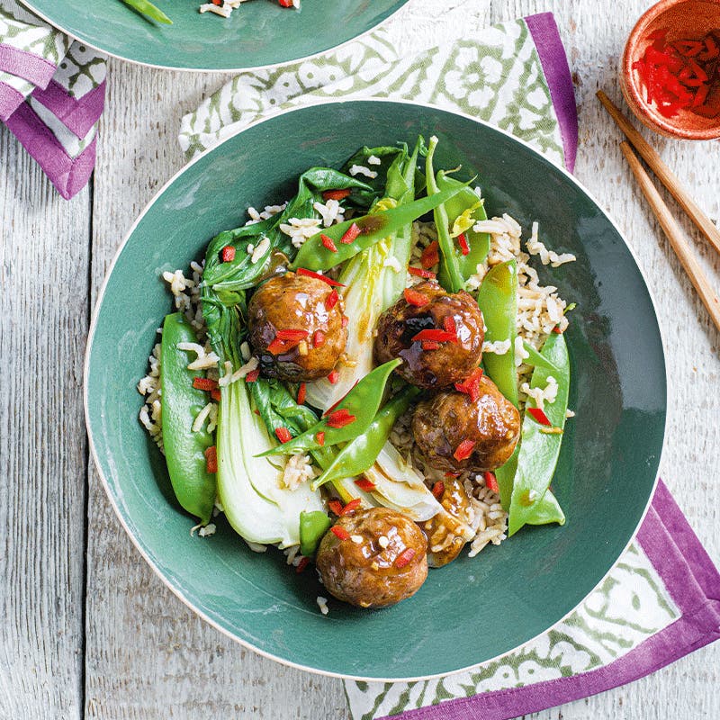 Sticky hoisin pork meatballs with rice