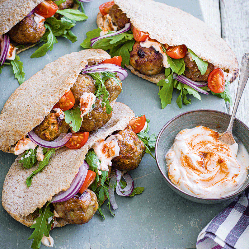 Pork meatballs pitas with harissa yoghurt