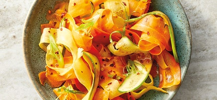 Carrot & cucumber ribbons with peanut sauce