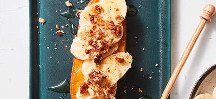 Sweet potato toast with banana, honey and pecans