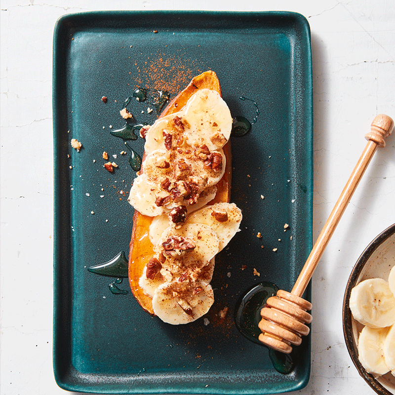 Sweet potato toast with banana, honey and pecans