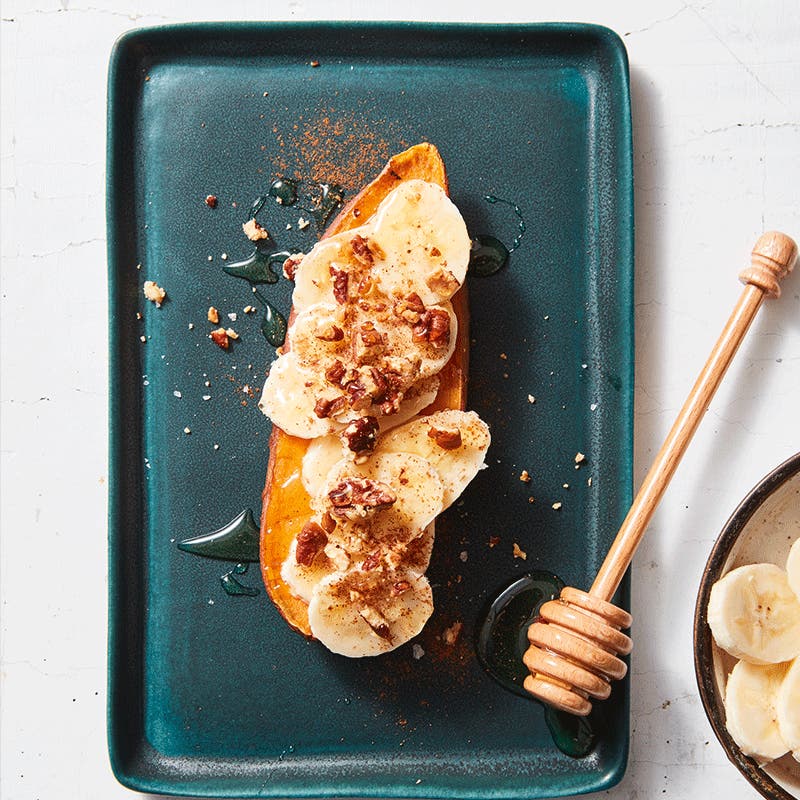 Sweet potato toast with banana, honey and pecans
