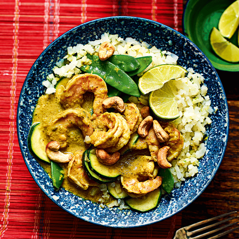 Indonesian-style coconut prawns with cauliflower ‘rice’