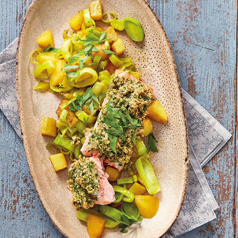 Lachs Bordelaise mit Lauch-Kartoffel-Gemüse