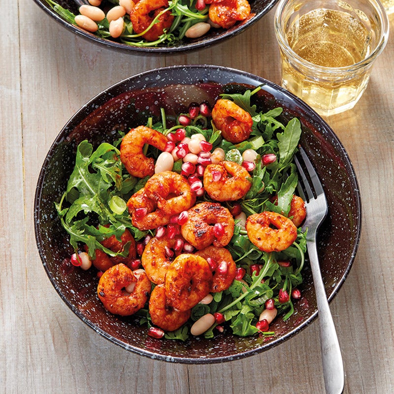 Rucolasalat mit Harissa-Garnelen