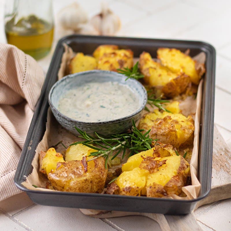 Smashed Potatoes mit Tzatziki