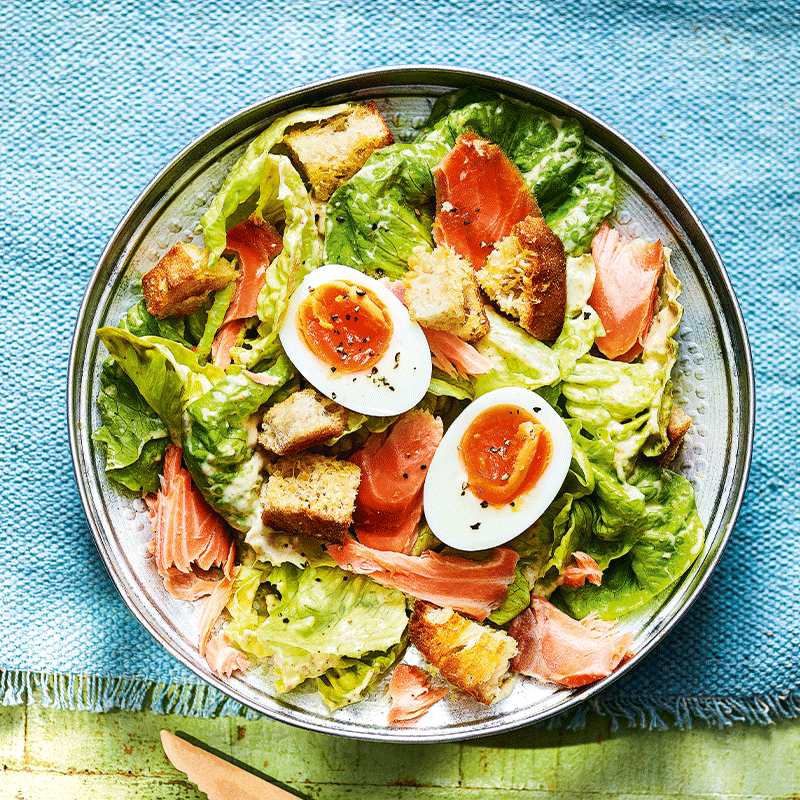 Hot smoked salmon Caesar salad