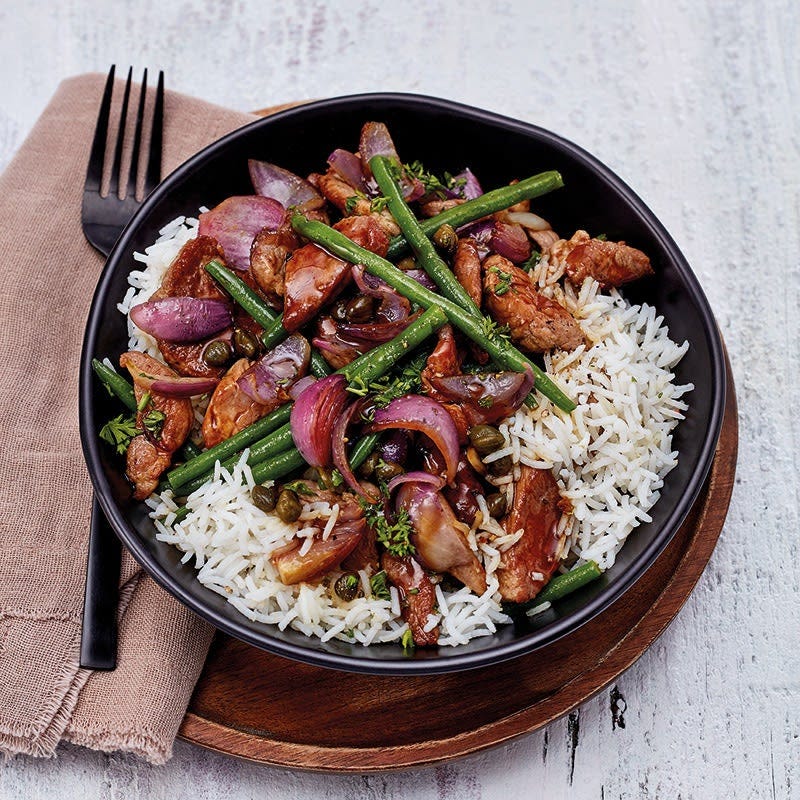 Wok mit Schweinefilet und Kapern