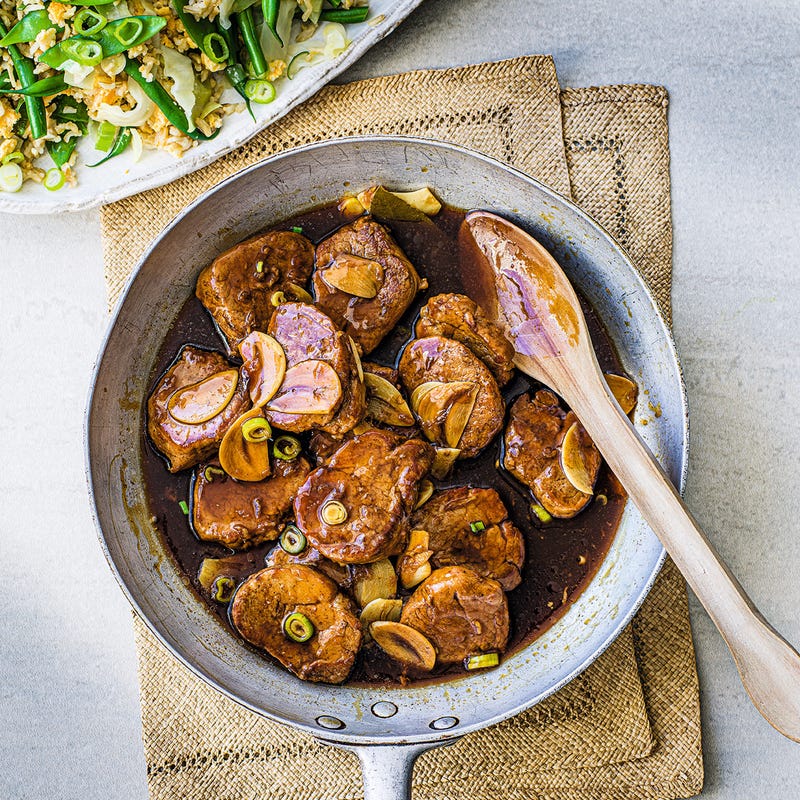Photo of Filipino-style pork adobo with veg and egg fried rice by WW