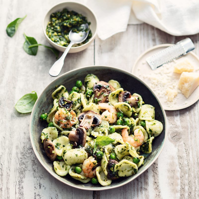 Photo de Orecchiette au pesto d’épinards, crevettes et champignons prise par WW