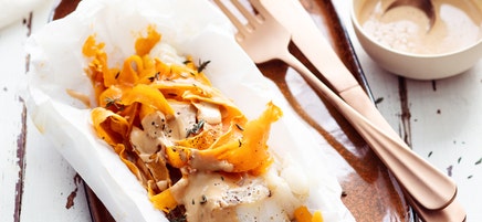 Papillote de colin à la chicorée et patate douce