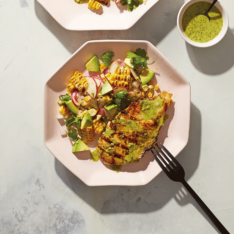 Coriander chicken with avocado and corn salad